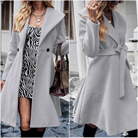 Classic Wide Collar Belted Double Breasted Jacket Coat - Picture 7 of 8